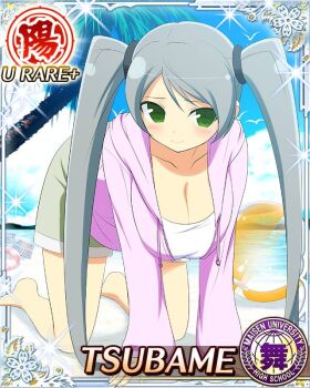 Rule 34 | 1girl, all fours, barefoot, beach, border, breasts, card (medium), character name, cleavage, closed mouth, game cg, green eyes, green shorts, grey hair, hood, hoodie, large breasts, light blush, long hair, looking at viewer, ocean, official art, palm tree, pink hoodie, senran kagura, senran kagura new wave, shirt, shorts, smile, solo, swept bangs, third-party source, tree, tsubame (senran kagura), twintails, very long hair, white shirt