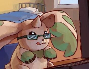 Rule 34 | bed, digimon, digimon (creature), glasses, green fur, grey fur, horns, indoors, licking lips, lowres, no humans, portalmasterdan64, single horn, solo, terriermon, tongue, tongue out, two-tone fur