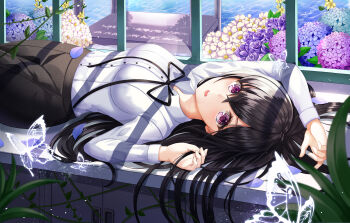 1girl absurdres arm_up black_hair black_pants breasts bug butterfly commentary crossed_bangs daisy_(flower) day flower gongha hair_between_eyes hand_up highres hydrangea indoors insect long_hair long_sleeves looking_at_viewer lying medium_breasts neck_ribbon on_back open_mouth original pants photoshop_(medium) plant purple_eyes purple_flower purple_rose revision ribbon rose shirt shirt_tucked_in solo sunlight symbol-only_commentary water white_butterfly white_flower white_shirt window window_shadow