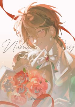 1boy absurdres bouquet bow bowtie brown_hair character_name earrings english_text flower gradient_background grin hair_between_eyes highres jewelry keroshoku looking_at_viewer low_ponytail male_focus medium_hair name_day_(reverse:1999) pink_background ponytail purple_eyes red_flower reverse:1999 shirt smile solo tooth_earrings upper_body white_background white_bow white_bowtie white_shirt