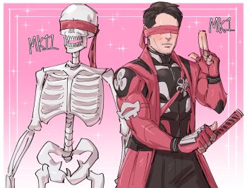 1boy arm_up black_hair black_pants blindfold bone border closed_mouth coat commentary english_commentary gloves highres kalamari katana kenshi_(mortal_kombat) kuji-in layered_clothes long_coat male_focus mortal_kombat_(series) mortal_kombat_11 mortal_kombat_1_(2023) pants colored_blindfold red_coat red_gloves red_sash sash short_hair skeleton sparkle sword weapon white_border