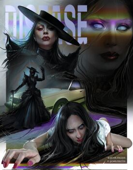 Rule 34 | 1girl, black dress, black hair, black hat, blood, car, carlosgzz03, disease (lady gaga), dress, fingernails, grey eyes, hat, highres, instagram username, lady gaga, lady gaga (copyright), light particles, lipstick, long eyelashes, long hair, long sleeves, looking at viewer, makeup, motor vehicle, multiple views, nosebleed, outside border, pink nails, realistic, red lips, red nails, sharp fingernails, twitter username