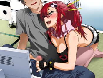 1girl aniya-san_change! ass bare_shoulders bikini bikini_top_only blue_eyes blush breast_press breasts censored cleavage clownculture computer cosplay covered_erect_nipples fingerless_gloves glasses gloves hair_ornament hair_stick handjob highres kyouko_aniya_(aniya-san_change!) large_breasts legs long_hair mosaic_censoring naughty_face open_mouth original penis ponytail red_hair scarf short_shorts shorts sitting smile swimsuit tengen_toppa_gurren_lagann thighhighs thighs unzipped yoko_littner