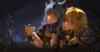 2girls absurdres animal_ears arknights armillary_sphere bang_dream! bang_dream!_it&#039;s_mygo!!!!! black_dress black_gloves blonde_hair blue_eyes closed_mouth commentary_request constellation dog_ears dress gloves highres holding holding_jewelry holding_ring horns jewelry long_hair medium_hair misumi_uika misumi_uika_(caged_singer) multiple_girls night night_sky pifinity purple_eyes putting_on_jewelry ring signature sky smile togawa_sakiko togawa_sakiko_(master_of_melodia) yellow_eyes yuri