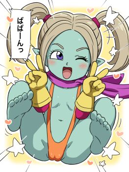 1girl artist_request barefoot blonde_hair blue_skin breasts cameltoe colored_skin double_v dragon_ball dragon_ball_daima female_focus hair_ornament heart highres japanese_text loli missionary navel one_eye_closed pansy_(dragon_ball_daima) partially_visible_vulva pink_scarf presenting purple_eyes scarf sexually_suggestive slingshot_swimsuit small_breasts solo source_request spread_legs swimsuit tagme translation_request v wink