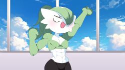 &gt;_&lt; 1girl abs all_fours alternate_hair_length alternate_hairstyle animated arms_up audible_music bathroom_scale black_leggings blinking blue_sky blush bob_cut breast_conscious breasts closed_eyes closed_mouth clothed_pokemon cloud collarbone colored_skin constricted_pupils day dumbbell eating embarrassed english_text exercising female_focus female_pov food gardevoir gen_3_pokemon gen_4_pokemon grabbing_own_stomach grapeanime green_hair green_skin gym hair_between_eyes hair_over_one_eye hand_on_own_hip hanging_breasts happy highres holding holding_dumbbell indoors large_breasts leggings long_hair looking_down lopunny medium_breasts medium_hair mega_lopunny mega_pokemon mouth_hold multicolored_skin muscular muscular_female navel nintendo one_eye_covered open_mouth outdoors paper plump pokemon pokemon_(creature) ponytail popsicle poster_(object) pov raised_eyebrows reading red_eyes running serious short_hair sky smile solo sound spotlight stomach straight-on surprised treadmill two-tone_skin video wavy_mouth weighing_scale weight_conscious weight_gain weight_loss weightlifting white_skin wide-eyed