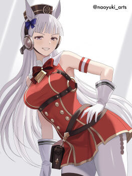 1girl absurdres animal_ears armband blunt_bangs bow bowtie breasts brown_hat commentary contrapposto dress ear_bow gloves gold_ship_(red_strife)_(umamusume) gold_ship_(umamusume) grey_hair grin hand_on_own_hip hat highres horse_ears horse_girl horse_tail long_hair looking_at_viewer medium_breasts naoyuki_arts open_mouth pantyhose pillbox_hat purple_bow purple_eyes red_bow red_bowtie red_dress sleeveless sleeveless_dress smile solo striped_armband striped_clothes tail teeth thigh_strap umamusume white_gloves white_pantyhose