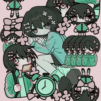 alarm_clock analog_clock black_hair bow bread bread_slice chibi chibi_inset clock flower food food_in_mouth green_jacket hair_bow hair_flower hair_ornament highres iyowa_girls jacket kurari-chan_(iyowa) looking_at_viewer mouth_hold multiple_views pink_eyes short_hair shorts sn_(sn_utu00) toast toast_in_mouth track_jacket