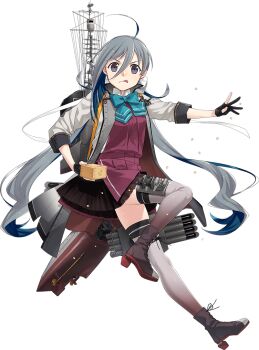 >:) 1girl ahoge bad_link beans bow bowtie fujikawa full_body grey_eyes grey_hair hair_between_eyes hair_ribbon kantai_collection kiyoshimo_(kancolle) kiyoshimo_kai_ni_(kancolle) long_hair long_sleeves looking_at_viewer low_twintails mamemaki masu official_art outstretched_arm ribbon rigging school_uniform setsubun solo tongue tongue_out transparent_background twintails v-shaped_eyebrows very_long_hair