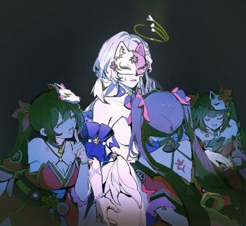 4girls :d back_tattoo bare_shoulders bead_bracelet beads bell black_choker black_gloves black_sash bracelet brown_hair choker circle_facial_mark clone closed_eyes criss-cross_halter detached_sleeves dress facial_mark flower_tattoo fox_mask gloves halo halterneck hand_on_another's_face highres honkai:_star_rail honkai_(series) jewelry mark_under_both_eyes mask mask_on_head multiple_girls neck_bell open_mouth purple_choker red_dress red_sleeves robin_(honkai:_star_rail) sash single_glove smile sparkle_(honkai:_star_rail) sweatdrop tattoo twintails white_dress white_hair yoojucha