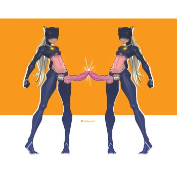 Rule 34 | 2boys, bandage on penis, clone, closed mouth, clothing cutout, covered erect nipples, covered eyes, cum, erection, eye mask, full body, highres, huge penis, long hair, male focus, mask, multiple boys, original, penis, penises touching, smile, standing, stomach cutout, tailbox, testicles, tiptoes, trap, trap on trap, wide hips, yaoi