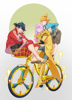 3boys armor bicycle black_hair blonde_hair closed_mouth coat facial_hair full_body goatee_stubble green_eyes grin hachisuka_kotetsu highres long_sleeves male_focus multiple_boys nagasone_kotetsu ncww_rinichi open_mouth pants pink_hair ponytail purple_hair red_pants riding riding_bicycle sandals short_hair simple_background sitting smile sparkle stubble touken_ranbu urashima_kotetsu yellow_coat