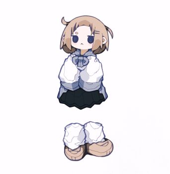1girl :&lt; absurdres bad_id bad_twitter_id black_eyes bow bowtie brown_hair brown_shoes closed_mouth clothes_lift commentary full_body grey_bow grey_bowtie grey_sailor_collar grey_skirt hair_ornament hairclip highres jitome lifting_own_clothes light_blush loafers loose_socks nikamoka original partially_invisible sailor_collar school_uniform serafuku shoes simple_background single_eyebrow skirt skirt_lift socks solo standing symbol-only_commentary thick_eyebrows white_background white_socks
