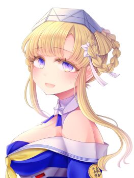 Rule 34 | 1girl, alternate hairstyle, blonde hair, blue eyes, blue shirt, braid, breasts, cleavage, double bun, fletcher (kancolle), hair bun, hair bun with ring, hair ornament, hairband, highres, kantai collection, large breasts, long hair, looking at viewer, nagi kantai114, neckerchief, off shoulder, sailor collar, school uniform, serafuku, shirt, smile, solo, star (symbol), star hair ornament, twin braids, upper body