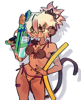 animal_ear_piercing animal_ears bandaid_on_thigh bikini blonde_hair breasts coconut_bra coconut_hair_ornament commentary cowboy_shot dark-skinned_female dark_skin drop_shadow english_commentary fang hair_between_eyes hair_ornament hair_ribbon hairclip hand_on_own_hip highres holding holding_water_gun indie_virtual_youtuber jewelry koko_d._nuts mechanical_arms monkey_ears monkey_girl monkey_tail multicolored_eyes multicolored_hair navel necklace open_mouth pink_eyes pink_hair pink_ribbon pool_noodle ribbon scar scar_across_eye scar_on_face simple_background single_mechanical_arm skin_fang smile stomach suunitar6 swimsuit tail two-tone_eyes two-tone_hair virtual_youtuber water water_gun white_background yellow_eyes