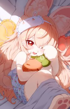 1girl absurdres alternate_costume animal_ear_fluff animal_ears animal_feet bare_shoulders bright_pupils buffering commentary english_commentary furry furry_female hair_between_eyes hand_up head_on_pillow heart heart-shaped_pillow highres holding holding_stuffed_toy hugging_object loading_icon long_hair looking_at_viewer lying mask mask_on_head off_shoulder on_bed on_side one_eye_closed open_mouth pillow pink_fur pink_hair rabbit_ears rabbit_girl rabbit_tail red_eyes rubbing_eyes short_eyebrows sleep_mask solo stuffed_animal stuffed_carrot stuffed_toy tail thick_eyebrows under_covers unfinished white_pupils yamisroot zenless_zone_zero zhao_(zenless_zone_zero)
