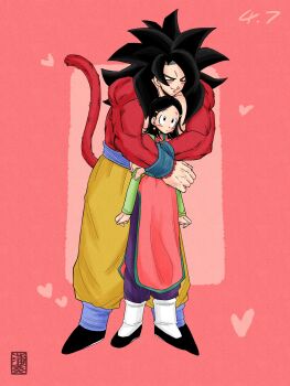 Rule 34 | 1boy, 1girl, birou 33, black eyes, black hair, blue sash, blush, body fur, breasts, chi-chi (dragon ball), chinese clothes, commentary, dougi, dragon ball, dragon ball gt, hetero, highres, husband and wife, long hair, monkey boy, monkey tail, muscular, muscular male, no nipples, open mouth, pants, red fur, saiyan, sash, simple background, smile, son goku, spiked hair, super saiyan, super saiyan 4, tail, yellow pants