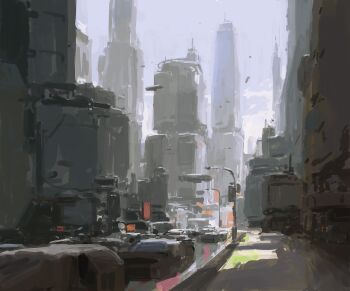 Rule 34 | anthony brault, building, car, city, cityscape, day, highres, hover vehicle, lamppost, motor vehicle, no humans, original, road, scenery, sidewalk, skyscraper, street, utility pole