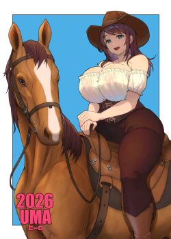 1girl 2026 animal black_hair blue_eyes boots breasts brown_hat brown_horse chinese_zodiac cleavage commentary_request cowboy cowboy_boots cowboy_hat cowboy_western cowgirl_(western) curvy happy_new_year hat hero_(do-belman) highres holding holding_reins horse horseback_riding huge_breasts jewelry large_breasts long_hair looking_at_viewer new_year open_mouth original reins riding shirt smile solo thick_thighs thighs western year_of_the_horse yoke_(clothing)