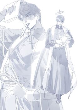 1boy absurdres book caleb_(love_and_deepspace) clerical_collar cow cross cross_in_mouth cross_necklace full_body hair_between_eyes halo highres holding holding_book jewelry kharu11 looking_at_viewer love_and_deepspace male_focus multiple_views necklace priest reading rope short_hair solo stole white_background