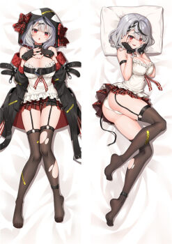 1girl :d bed black_coat black_gloves black_hair black_nails black_thighhighs braid breasts cleavage coat dakimakura_(medium) fingerless_gloves from_above full_body garter_straps gloves grey_hair hair_between_eyes hair_ornament hands_on_own_cheeks hands_on_own_face hololive hood hood_up large_breasts long_hair looking_at_viewer lying miniskirt moeanime multicolored_hair nail_polish on_back on_side open_clothes open_coat open_mouth panties plaid_clothes plaid_skirt pleated_skirt red_eyes red_skirt sakamata_chloe shirt single_braid skirt sleeveless sleeveless_shirt smile split_screen streaked_hair thighhighs torn_clothes torn_legwear triangle_mouth two-tone_hair underwear virtual_youtuber white_panties white_shirt x_hair_ornament