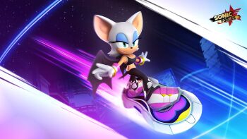 1girl bat_girl bat_wings black_sports_bra breasts cleavage closed_mouth commentary copyright_name english_commentary furry furry_female gloves green_eyes highres logo midriff official_art rouge_the_bat solo sonic_(series) sonic_forces:_speed_battle sports_bra white_gloves wings