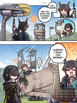 ... 1boy 3girls :d ^_^ animal_ears arknights arknights:_endfield artist_name bird_ears bird_girl black_coat black_hair black_mask blue_sky blurry blurry_background chen_qianyu_(arknights) closed_eyes coat commentary corrugated_galvanized_iron_sheet dragon_girl dragon_horns dragon_tail endministrator_(arknights) english_commentary english_text eye_mask female_endministrator_(arknights) grey_hair highres horns instant_cup_noodles instant_noodles long_hair mask mhunter_45 mountainous_horizon multiple_girls open_clothes open_coat open_mouth outdoors perlica_(arknights) short_hair sky smile speech_bubble spoken_ellipsis tail thumbs_up tower zipline