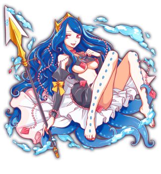 anime_coloring artist_request bare_legs bare_shoulders barefoot beads black_bodysuit black_sleeves blue_hair bodysuit bow bracelet breasts clothing_cutout collar collarbone crash_fever detached_sleeves eyelashes fingernails frilled_bodysuit frills full_body game_cg gold_tiara hair_ornament holding holding_polearm holding_weapon jewelry kraken kraken_(crash_fever) large_breasts long_hair long_sidelocks looking_at_another mature_female mole mole_under_eye nail_polish number_print numbered official_art outline parted_lips polearm print_bodysuit red_collar red_eyes red_nails red_outline sidelocks simple_background sleeve_bow sleeveless sleeveless_bodysuit smile solo spear square square_print swept_bangs tachi-e tentacles third-party_source tiara toenails transparent_background twirling_hair underboob very_long_hair water_drop wavy_hair wavy_sidelocks weapon yellow_bow