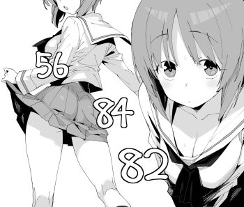 1girl ass blush breasts check_commentary cleavage clothes_lift collarbone commentary commentary_request contrapposto downblouse from_above from_behind girls_und_panzer greyscale henyaan_(oreizm) highres light_blush looking_at_viewer medium_breasts medium_hair miniskirt monochrome multiple_views neckerchief nishizumi_miho ooarai_school_uniform open_mouth pleated_skirt sailor_collar school_uniform serafuku simple_background skirt skirt_lift sweatdrop thighs translation_request white_background