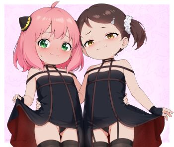 2girls ahoge anya_(spy_x_family) becky_blackbell blush brown_hair clothes_lift cosplay dress dress_lift embarrassed eroneko_senpai fingerless_gloves flat_chest gloves green_eyes hair_ornament hairclip hairpods lifting_own_clothes loli medium_hair multiple_girls pink_hair short_twintails side-by-side smile spy_x_family standing sweat thighhighs thighs twintails wavy_mouth yellow_eyes yor_briar yor_briar_(cosplay)