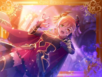 1girl armor aura black_horns black_thighhighs border bridal_gauntlets cape daiba_nana demon_horns dress dutch_angle fake_horns furrowed_brow game_cg green_eyes hand_on_own_face heterochromia horns jewelry light_rays looking_at_viewer necklace official_art open_mouth ornate_border outside_border purple_nails red_cape red_dress red_hair short_hair short_twintails shoujo_kageki_revue_starlight shoujo_kageki_revue_starlight_-re_live- solo thighhighs twintails upper_body