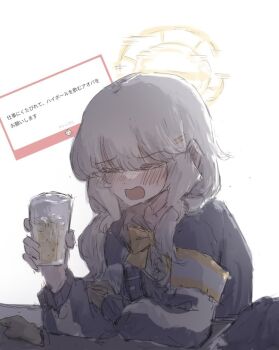 Rule 34 | 1girl, aoba (blue archive), armband, black jacket, blue archive, blush, bow, bowtie, brown hair, closed eyes, commentary request, cup, distorted halo, drunk, fan request, hair between eyes, hair ornament, hairclip, halo, holding, holding cup, jacket, long hair, low twintails, marshmallow (site), open mouth, request inset, solo, tapiika0141, translation request, twintails, wavy mouth, white background, yellow armband, yellow bow, yellow bowtie, yellow halo