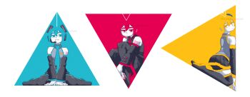 3girls absurdres akita_neru aqua_eyes aqua_hair aqua_necktie back_cutout bare_shoulders black_boots black_shirt black_shorts black_skirt blonde_hair boots buttons closed_mouth clothing_cutout detached_sleeves full_body grey_shirt hatsune_miku headset highres kanbaru_mitsuki kasane_teto kasane_teto_(utau) long_sleeves looking_at_viewer miniskirt multiple_girls necktie pleated_skirt red_eyes red_hair red_nails shirt shorts shorts_under_skirt sitting skirt sleeveless sleeveless_shirt thigh_boots triangle utau vocaloid yellow_eyes