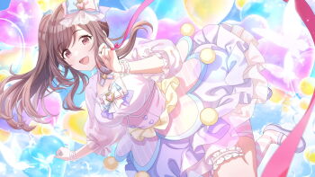 1girl ball breasts brown_eyes brown_hair bubble bug butterfly cleavage dress game_cg heart highres idolmaster idolmaster_shiny_colors insect official_art open_mouth puffy_sleeves side_ponytail solo striped_clothes tsukioka_kogane wrist_cuffs