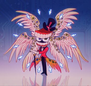 Rule 34 | arrow (symbol), biblically accurate angel, black pants, blue background, blue eyes, caine (the amazing digital circus), circuit board, eye in mouth, eyes on wings, full body, gloves, green eyes, hashtag-only commentary, hat, heterochromia, highres, looking at viewer, open mouth, pants, red tailcoat, reflection, reflective floor, teeth, the amazing digital circus, top hat, white gloves, white wings, wings, wuuzaghi9m12xsy