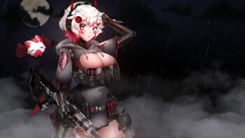 1girl black_gloves black_lips breasts cleavage cleavage_cutout closed_mouth clothing_cutout colored_tips covered_navel cropped_hoodie dress gloves grey_hoodie gun highres holding holding_gun holding_weapon hood hood_down hoodie moon multicolored_hair night night_sky pink_hair rain rifle short_dress short_hair sinthya_sanguine sky symbol-shaped_pupils vallure virtual_youtuber weapon white_hair yumiyumiworks