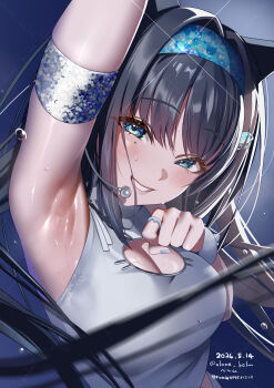 absurdres alone_belm arm_up armband armpit_crease armpit_focus armpits arms_up breasts cleavage cleavage_cutout clothing_cutout commentary_request dated deep_skin facing_viewer goddess_of_victory:_nikke headband highres looking_at_viewer microphone mint_(nikke) shiny_skin skindentation sleeveless sweat sweaty_clothes upper_body watermark
