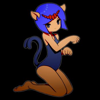 Rule 34 | 1girl, animal ears, arched back, bare arms, bare legs, bare shoulders, barefoot, bastet (megami tensei), beeru (veil8801), black background, blue eyes, blue hair, blue leotard, blue tail, breasts, cat ears, cat girl, cat tail, circlet, closed mouth, commentary request, demon (megami tensei), full body, kneeling, leotard, medium breasts, megami tensei, megami tensei (famicom), multiple tails, paw pose, short hair, simple background, smile, solo, tail, tail raised, two tails