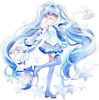 1girl animal aqua_hair bare_shoulders blue_eyes blue_necktie blue_scarf boots commentary_request detached_sleeves double-parted_bangs floating fringe_trim full_body grey_boots grey_skirt hair_between_eyes hair_ornament hatsune_miku headphones headset long_hair looking_at_viewer miniskirt mittens necktie open_mouth pleated_skirt rabbit rabbit_yukine scarf shiny_clothes shirt skirt sleeveless sleeveless_shirt smile snow snowflake_print standing standing_on_one_leg teeth tenkei thigh_boots thighhighs twintails upper_teeth_only very_long_hair vocaloid white_background white_mittens white_rabbit_(animal) white_shirt white_sleeves yuki_miku yuki_miku_(2011) zettai_ryouiki