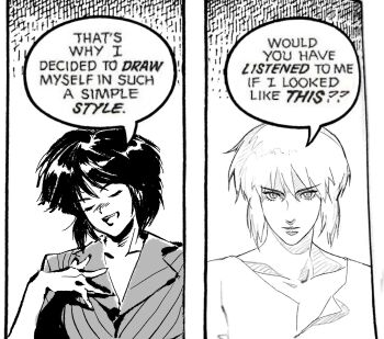 Rule 34 | 1girl, aizheajsee, before and after, commentary request, english text, ghost in the shell, highres, jacket, kusanagi motoko, monochrome, scene reference, serious, short hair, smile, speech bubble