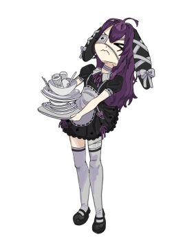 1girl 2025 ahoge dishes eyepatch indie_virtual_youtuber k_mugu purple_hair solo standing white_background yawners