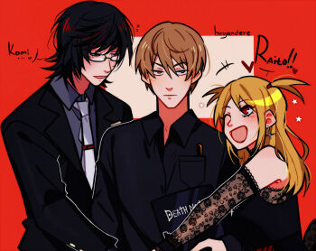1girl 2boys amane_misa bisexual_male black_hair blonde_hair brown_hair death_note death_note_(object) formal_clothes glasses goth_fashion highres huyandere implied_bisexual implied_yaoi jacket lace_trim male_focus mikami_teru multiple_boys necktie red_eyes shirt short_twintails suit twintails yagami_light