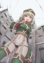 Rule 34 | 1girl, araga kiwi, black panties, blush, breasts, building, cameltoe, finger to mouth, from below, gluteal fold, green thighhighs, hat, leoparde (mahou shoujo ni akogarete), looking at viewer, looking down, magical girl, mahou shoujo ni akogarete, medium breasts, military hat, military uniform, navel, open mouth, outdoors, panties, red eyes, sky, smile, solo, thighhighs, thong, underwear, uniform, user xaae3733