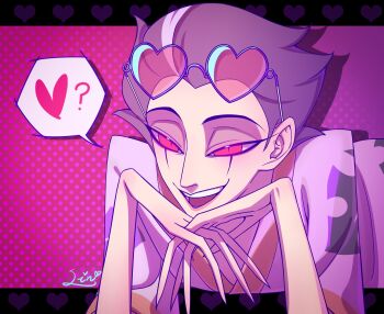 1boy absurdres demon_boy eyewear_on_head grey_hair heart heart-shaped_eyewear hellaverse helluva_boss highres looking_ahead own_hands_together red_eyes robe slit_pupils solo stolas_(helluva_boss) white_robe xiaolin610