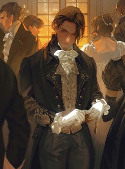 Rule 34 | 2girls, 4boys, alternate costume, aristocratic clothes, arno dorian, assassin's creed: unity, assassin's creed (series), black coat, blood on gloves, brown hair, coat, commentary, english commentary, gloves, grey pants, highres, indoors, iyzlime, long coat, looking to the side, multiple boys, multiple girls, pants, vest, white gloves