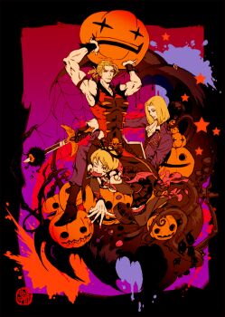 1girl 2boys black_thighhighs blonde_hair blue_eyes candy closed_mouth family food frilled_thighhighs frills garter_straps gothic_lolita halloween hildegard_valentine jack-o&#039;-lantern joachim_valentine katou_miyako keith_valentine lolita_fashion lollipop looking_at_viewer multiple_boys one_eye_closed pumpkin ribbon shadow_hearts shadow_hearts_from_the_new_world shadow_hearts_ii short_hair silk spider_web swirl_lollipop thighhighs vampire