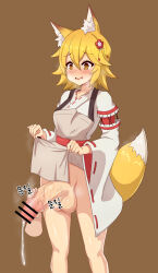 Rule 34 | 1girl, 1other, absurdres, animal ear fluff, animal ears, apron, apron lift, blonde hair, brown background, clothes lift, disembodied limb, drooling, feet out of frame, flower, fox ears, fox girl, fox tail, futanari, grey apron, hair between eyes, hair flower, hair ornament, handjob, highres, japanese clothes, kimono, large penis, large testicles, lifted by self, long sleeves, open mouth, penis, pm byeol-i, senko (sewayaki kitsune no senko-san), sewayaki kitsune no senko-san, short hair, simple background, smile, solo focus, standing, tail, testicles, veins, veiny penis, white kimono, wide sleeves, yellow eyes