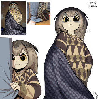 1girl :< bird bird_girl blanket brown_hair creature_and_personification frown gegegekman glaring highres looking_at_viewer original owl owl_ears owl_girl personification photo-referenced reference_inset shirt_tug solo sweat sweater thick_eyebrows yellow_eyes