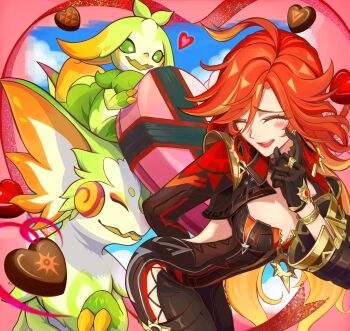 Rule 34 | 1girl, ahoge, bent over, biker clothes, bikesuit, black gloves, black jacket, blue sky, bodysuit, box, breasts, candy, chocolate, chocolate heart, cleavage, closed eyes, cloud, cloudy sky, collared jacket, cropped jacket, floating, food, formal clothes, genshin impact, gloves, hair between eyes, hand on own cheek, hand on own face, hand up, happy, heart, heart-shaped box, heart-shaped food, highres, huge ahoge, index finger raised, jacket, large breasts, leaning forward, leather, leather jacket, leather suit, light blush, long hair, long sleeves, mavuika (genshin impact), multicolored hair, okawaoshio, open mouth, red hair, shade, sky, smile, solo, standing, streaked hair, suit, sweets, teeth, upper teeth only, valentine, wavy hair, wide sleeves
