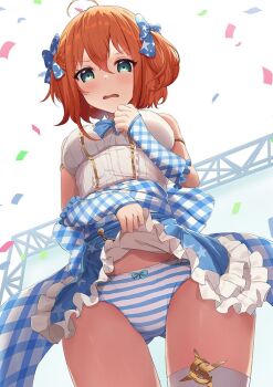1girl blue_arm_warmers blue_bow blue_bowtie blue_panties blue_skirt blush bow bow_panties bowtie breasts clothes_lift commentary_request confetti cowboy_shot disgust frilled_skirt frills green_eyes guest_art hair_between_eyes hair_bow hand_on_own_chest idol iya_na_kao_sare_nagara_opantsu_misete_moraitai lifting_own_clothes looking_at_viewer medium_breasts miya_(tokumei) open_mouth orange_hair panties plaid_arm_warmers plaid_clothes second-party_source shirt short_hair single_thighhigh skirt skirt_lift sleeveless solo standing star_(symbol) star_print striped_clothes striped_panties thighhighs underwear white_background white_shirt white_thighhighs yuina_(iyapan)